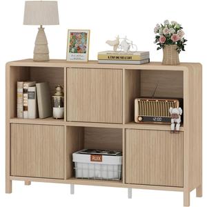 FATORRI 6 Cube Horizontal Bookshelf with 3 Doors, Modern Wood Book Shelf with Storage, Low Cubby Bookcase for Home Office (Light Walnut)