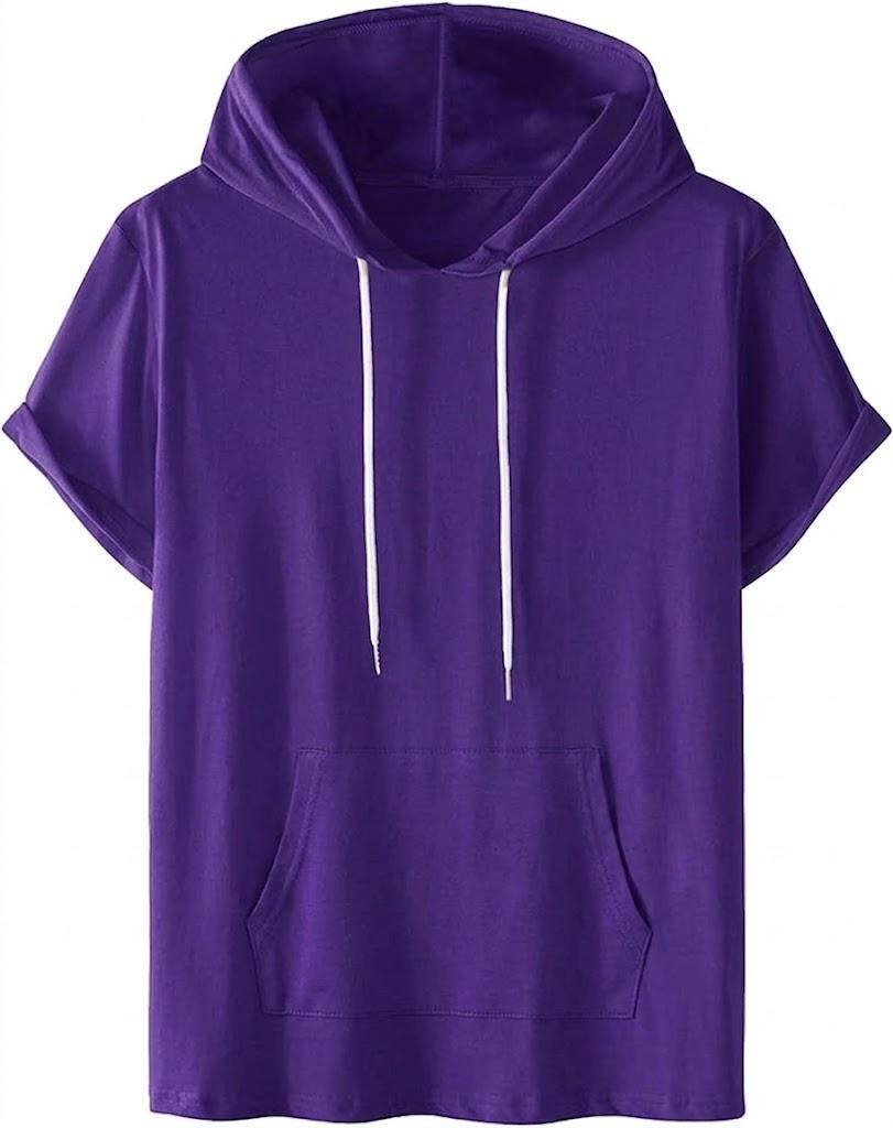 Short Sleeve Hoodies for Men Gym Workout Sweatshirt Lightweight Athletic Pullover Plus Size Hooded T Shirt Active Tops, Purple Large