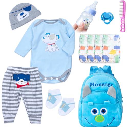 PEDOLLTREE 11 Pcs Set Reborn Baby Doll Clothes Accessories Blue Puppy Outfit Set for 18-22 Inch Newborn Baby Boy Reborn Doll Clothes with Monster Backpack