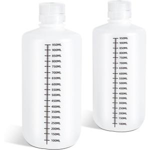 DEMORA 32oz Plastic Bottles with Airtight Caps for Liquids, Graduated Food Grade Plastic Containers, HDPE Thick Liquid Containers for Water Sample Medicine Laboratory Reagent (Translucent, 2 Pcs)