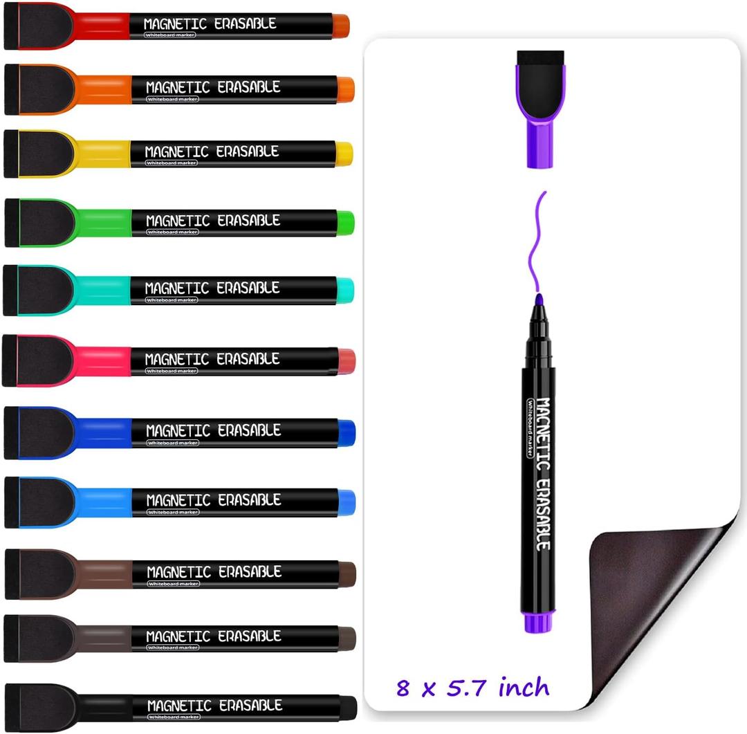Magnetic Dry Erase Markers Fine Tip - 12 Colors Whiteboard Markers with Eraser Cap, Low Odor Thin Dry Erase Markers for Office Professional Use, Work On White board & Calendar
