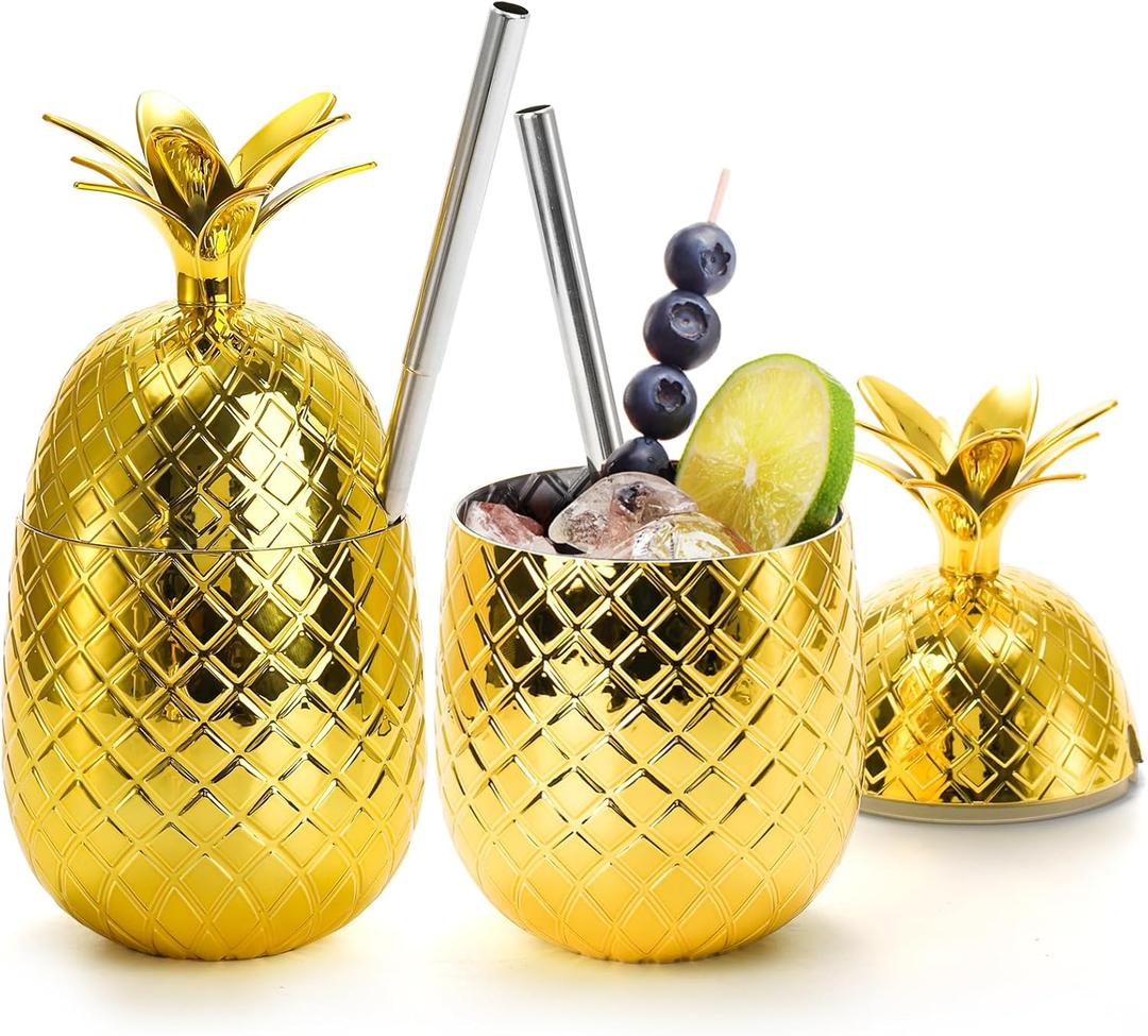 Okllen 2 Pack Plastic Pineapple Drink Cups, 16 OZ Gold Pineapple Tumbler with Stretched Straw, Hawaiian Luau Party Cups for Cocktail, Juice, Beer, Tiki Cups for Hawaiian Party Favor Decorations