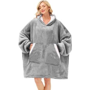 Kipswiza Oversized Wearable Blanket Hoodie, Cozy Fluffy Sherpa Fleece Hooded Blankets Sweatshirt Gifts for Women Men Family Members Friends, Light Grey (Adult)