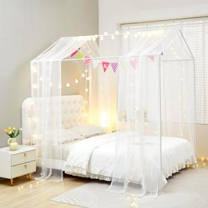 Mengersi House Bed Canopy Bed Curtains with Lights,Montessori Floor Bed Canopy for Girls Boys,Four Poster Bed Curtains House Bed Decoration (Full/Queen, White)