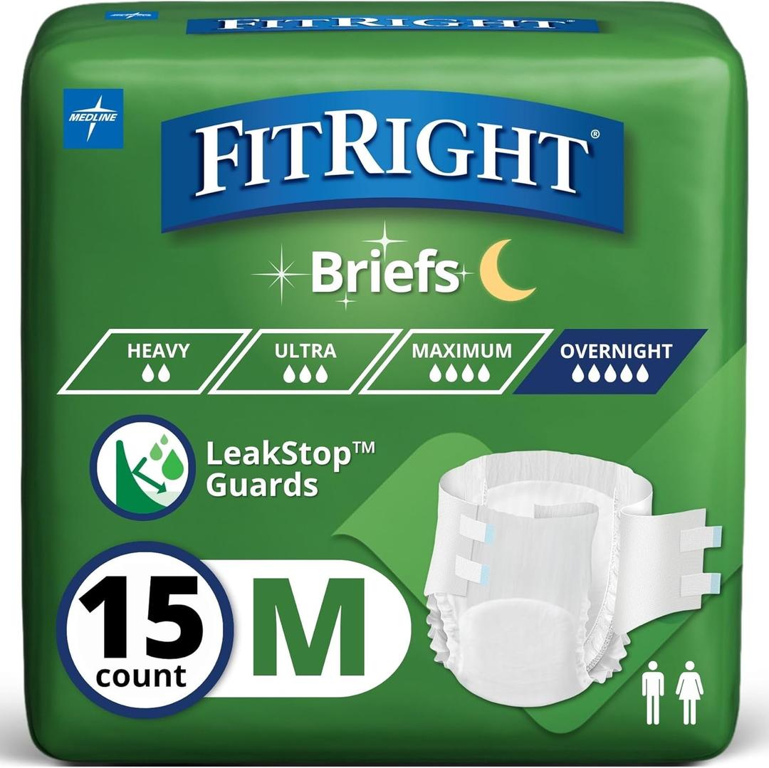 Medline MTB80300Z Extended Wear Overnight Adult Brief with Tabs, Maximum Absorbency, Medium, Pack of 15 (Bag)