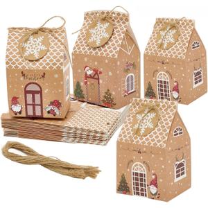 A AEDOLL 24 Pcs Christmas Gift Boxes, Xmas Candy House Style Goodies Treat Bags for Christmas Party Gift (Brown)