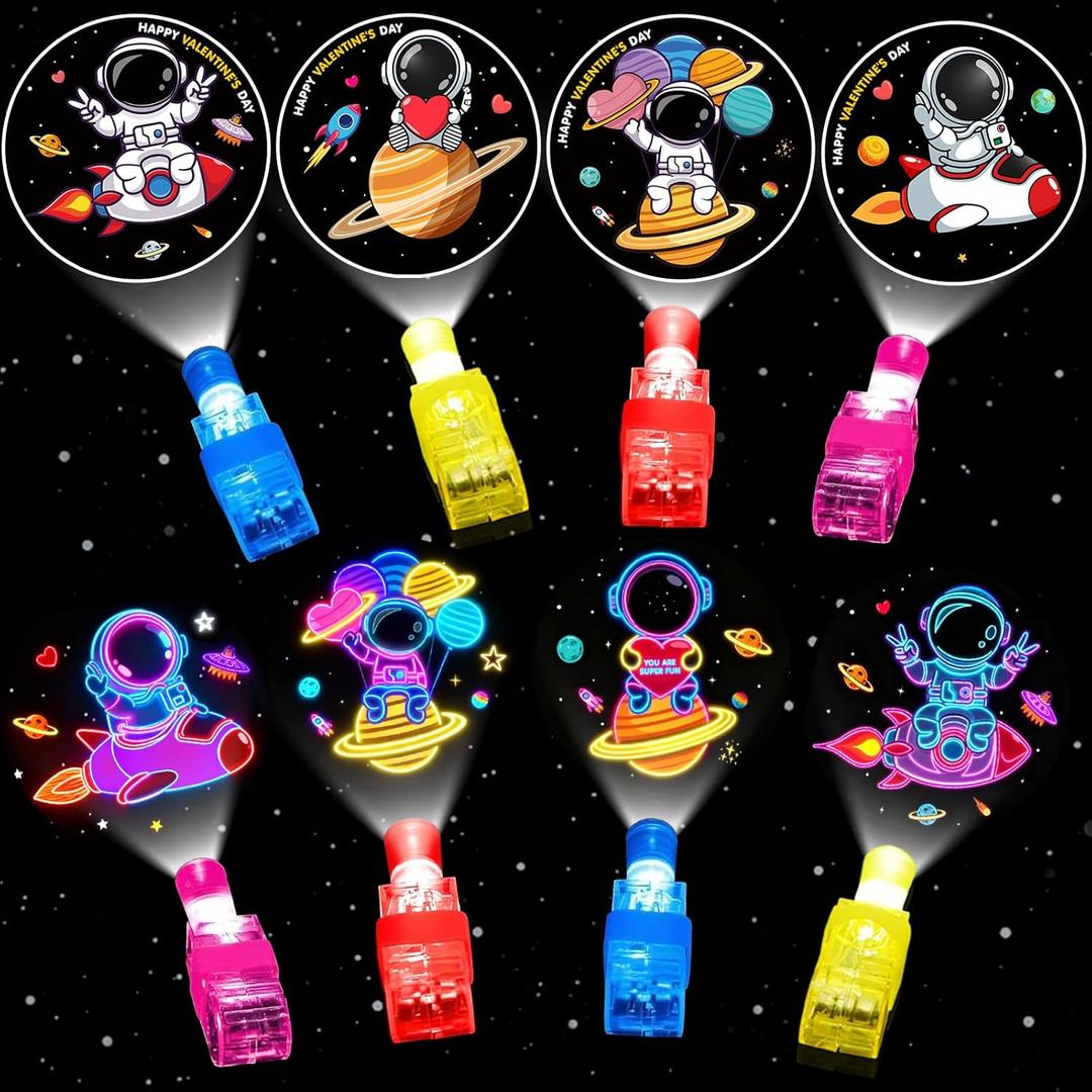 28 Pack Valentines Day Gifts for Kids ,Space LED Finger Lights with Valentine Cards Exchange Gifts School Classroom Prizes Valentines Day Gifts Valentine Party Favors for Kids Boy Girl