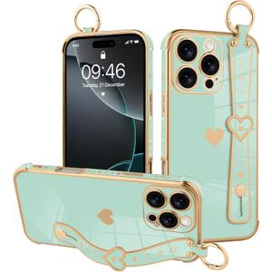 MOWIME for iPhone 16 Pro Max Case with Strap, Cute Heart Pattern for Women Girls Soft Plating Bumper Anti-Scratch Protective Cover with Wrist Band Kickstand Holder, Light Green