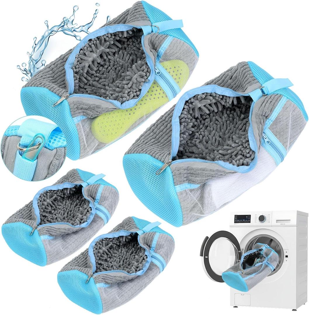 Shoe Washing Machine Bag, 4 Pack Shoe Cleaning Bag for Washer and Dryer, 360 Deep Cleaning Reusable Shoes Laundry Bags for Sneakers with Zipper Protection and Side Mesh Pouch, Gray