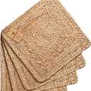 Jute Braided Placemats Set of 4 Reversible, 100% Jute, Nonslip 14x14 inch Square Farmhouse Vintage Jute Placemats for Dining Table, Perfect for Indoor Outdoor, Natural