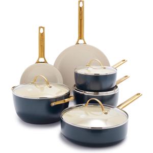 GreenPan Reserve Hard Anodized Healthy Ceramic Nonstick 10 Piece Cookware Pots and Pans Set, Gold-Tone Stainless Steel Handles, PFAS & PFOA-Free, Dishwasher Safe, Oven & Broiler Safe, Twilight Blue