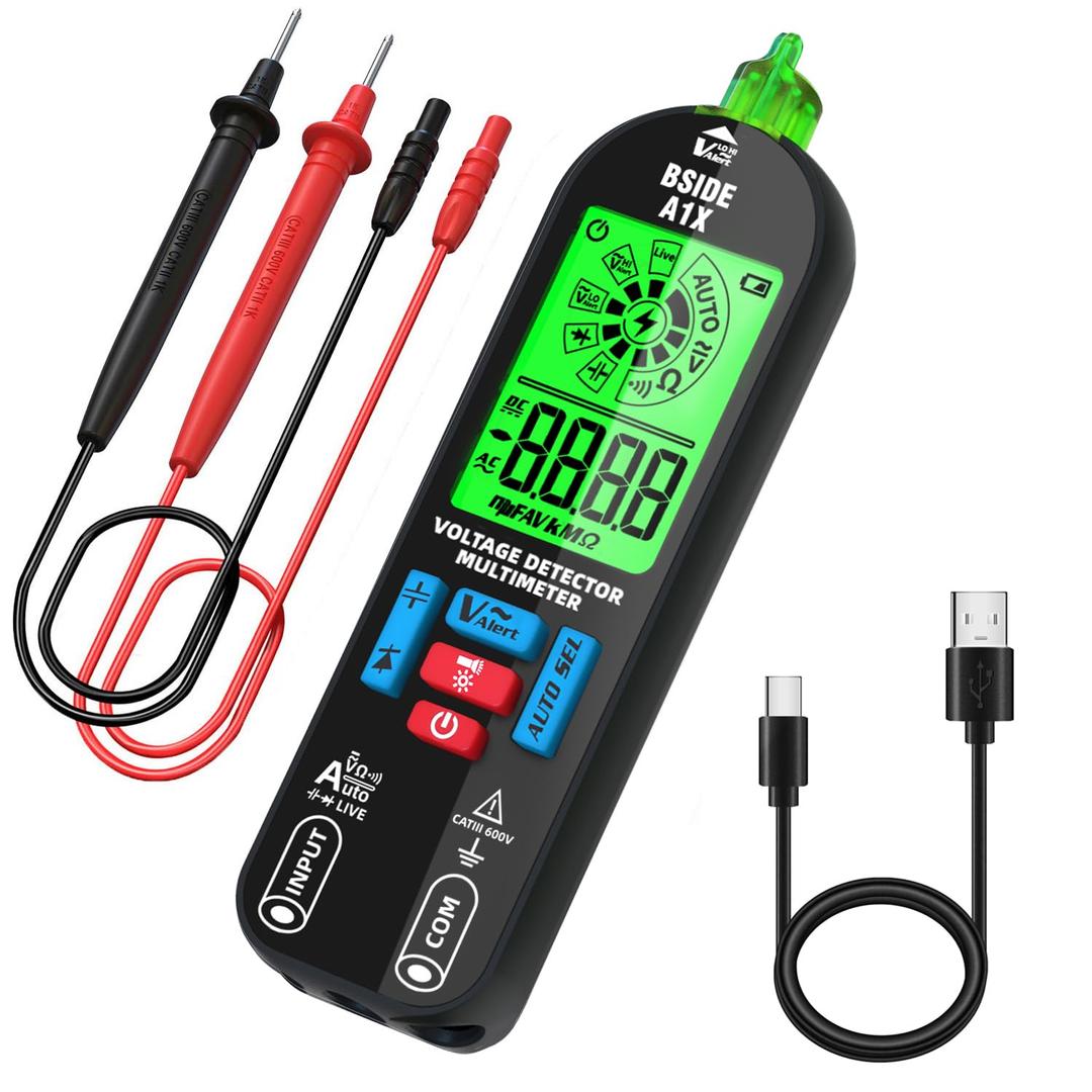 BSIDE Smart Digital Multimeter Tester Rechargeable Electrical Voltmeter Capacitance Diode Continuity Resistance Live Check AC DC Voltage Tester (A1X)