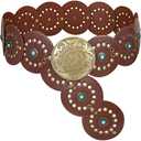 Wide Disc Belt for Women - PU Leather Hollow Out Round Belts Vintage Western Cowboy Cowgirl Waist Belt, Dark Brown, For 31"-34" Waist