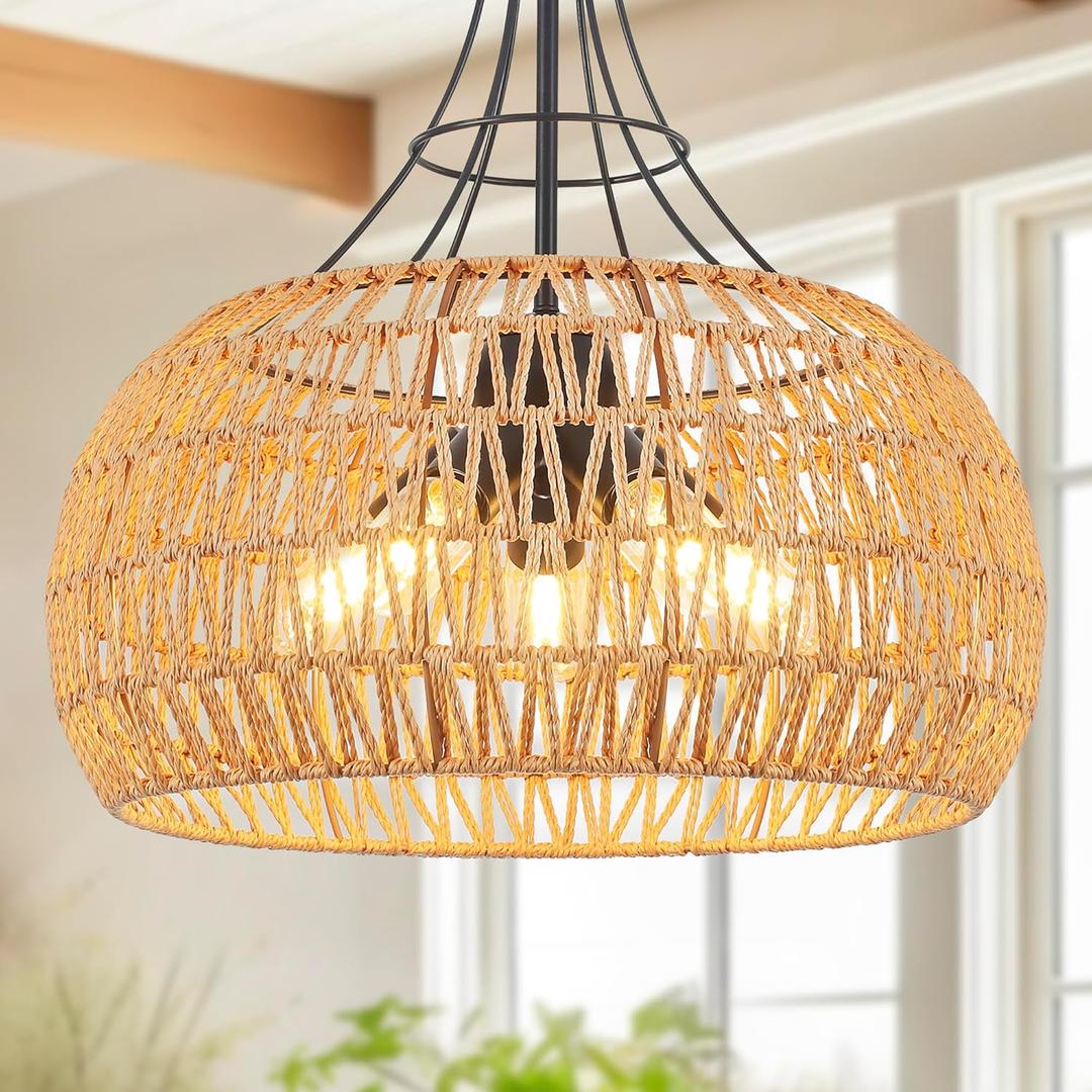 Pavloatu 20" Rattan Farmhouse Chandeliers for Dining Room, 5-Light Boho Rattan Chandelier Light Fixtures with Woven Wicker Lampshade, Rustic Pendant Lighting for Kitchen Island, Living Room