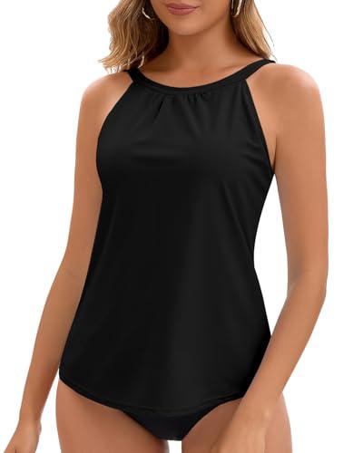 WOWENY Tankini Tops for Women Halter Swimwear Top Only High Neck Bathing Suit Tops No Bottom(Black, Medium)