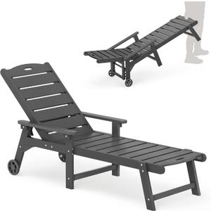 LUE BONA Outdoor Chaise Lounge, HDPS Chaise Lounger, 5 Positions Adjustable Lounge Chairs, Pool Lounge Chair with Wheels for Poolside, Backyard, Dark Gray