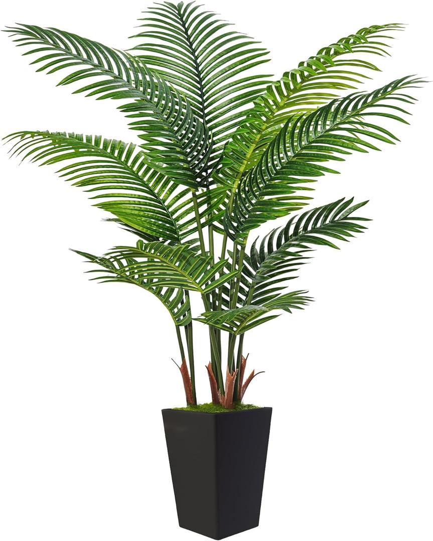 6FT Artificial Palm Tree, Tall Faux Palm Tree Indoor with Black Fake Plants Tall, Artificial Plants with Lifelike Leaves for Home Office Decor (Black)