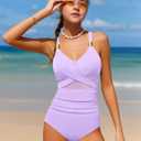 Girls Swimsuit Criss Cross One Piece Swimsuits Wrap Tie Back Sheer Mesh Bathing Suit with Gold Metal Swimwear 9-16Y