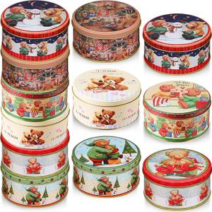 Yaomiao 12 Pack Christmas Cookie Tins with Lids for Gift Giving Small Xmas Tin Containers Round Metal Christmas Tins Empty Cookie Jar for Gift Giving Holiday Party Favors (Lovely Style)