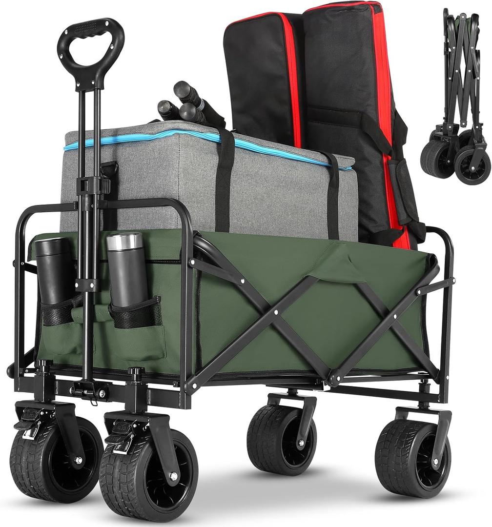 Collapsible Foldable Beach Wagon,Folding Wagon Cart with Big Wheels,Utility Grocery All Terrain Wagons carts Foldable with Brakes for Sand Camping Sports Outdoor(Light Green).