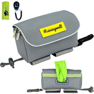 Dog Poop Bag Holder for Leash, 2 Waterproof Zipper Pouches, Dog Treat Pouch for Pet Walking Accessories, with Dispenser, Training Clicker and 1 Free Roll (Gray)