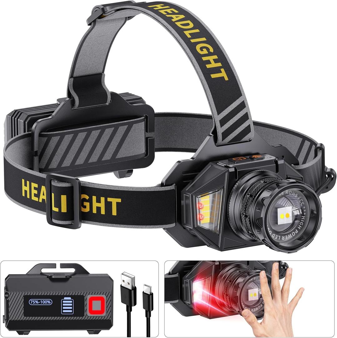 LED Headlamp Rechargeable3000 High Lumens Head Lamp with 12 Modes & 90H Long Battery Life & Motion Sensor & IPX7 Waterproof,90 Adjustable Headlight for Outdoor Camping,Cycling,Hiking