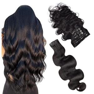 Essent Seamless Body Wave Clip in Hair Extensions Seamless Real Human Hair, 22 Inch 1Pack 130g 7Pcs Human Hair Extensions for Women Natural Black