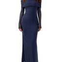 REORIA Women Long Sleeve Off Shoulder Formal Dress Elegant Stretch Mesh Double Lined Bodycon Long Party Wedding Guest Dresses Fall Winter 2024（Deep Blue Large）