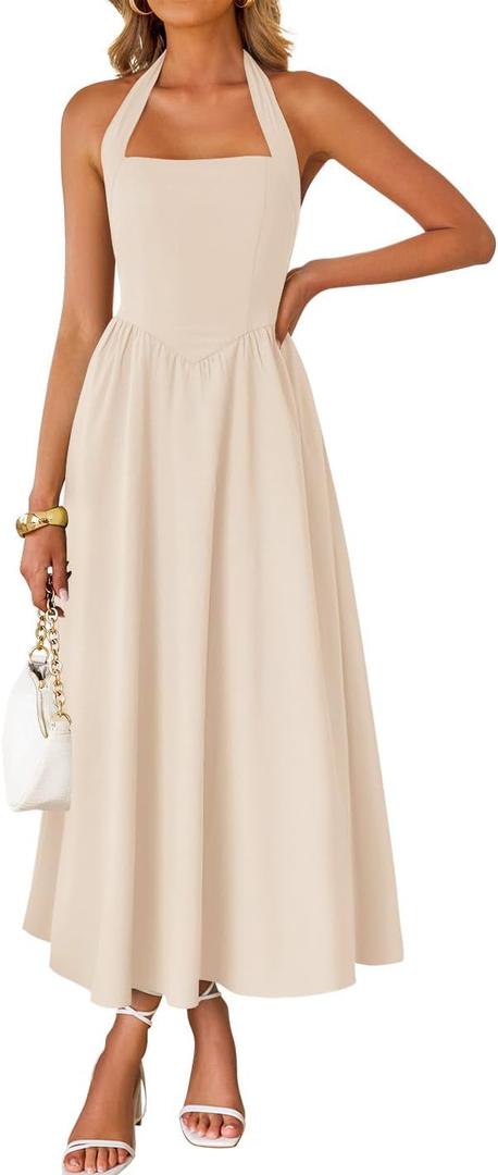 ZESICA Women's Summer Sleeveless Halter Midi Dress 2025 Off Shoulder High Waist Swing Flowy Beach Long Dresses (Apricot) S 