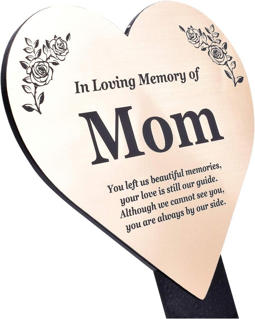 OriginDesigned MOM Heart Memorial Remembrance Plaque Stake - Metallic Silver/Gold/Copper Acrylic, Waterproof, Outdoor, Grave Marker, Tribute, Plant Marker (Gold)
