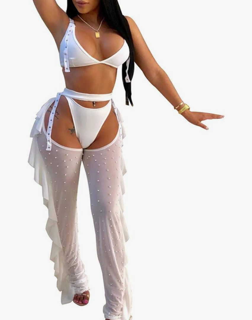 OLUOLIN Women Beading Pearl See Through Sheer Mesh 2 Pieces Outfits Jumpsuits Crop Top and Hollow Out Ruffle Long Pants S