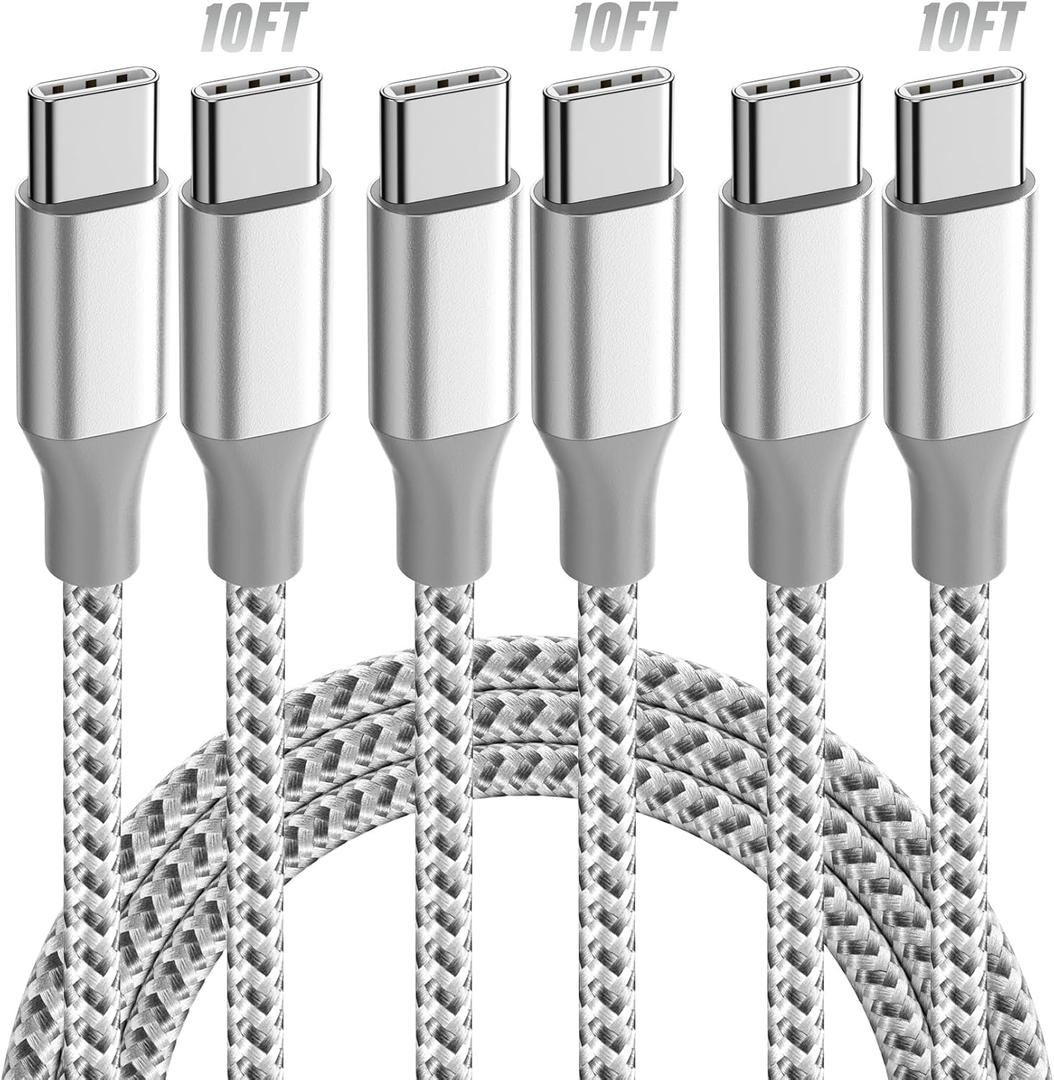 KYEHD USB C Cable3 Pack 10FT 60W Fast Charging USB C to USB C Cable, Durable Type C Charger Cable for iPhone 17/16/15/iPad MacBook CarPlay and More-Grey White