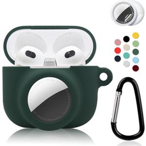 2 in 1 Protective Case Combo Set Compatible for Apple AirPods 3(2021) AirTag, GPS Tracker Holder with 2 PCS TPU Screen Protector & Keychain, Soft Silicone Anti-Lost Anti-Scratch Skin Cover(Dark Green) (Blackish Green)