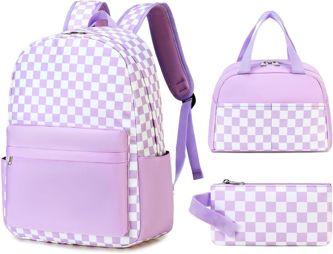 Sunborls Teens Girls Lightweight and Large Capacity Waterproof Bookbags Backpack with Lunch Box and Pencil Case 3 in 1 Back To School Gift Bookbag Casual Daypack Travel Laptop Backpack, Plaid Purple 