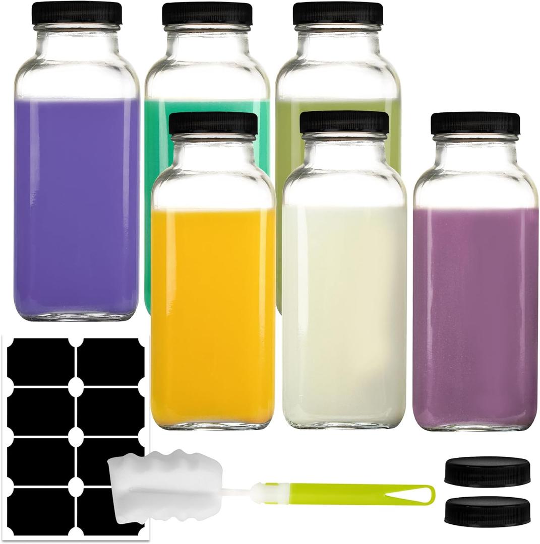 6 Pack 12 oz Glass Juice Bottles, 350 ml Glass Square Water Bottles with Lids, Reusable Empty Drinking Jars with Labels and Brush for Juice, Smoothies, Kombucha