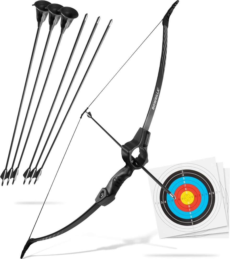 BOWRILLA Bow and Arrow for Kids Ages 6+ | Beginner Archery Set with Aim Guide, 6 Carbon Hybrid Arrows & 3 Targets | 3-Piece Take-Down Recurve Youth Bow for Left & Right Handers, Kinder