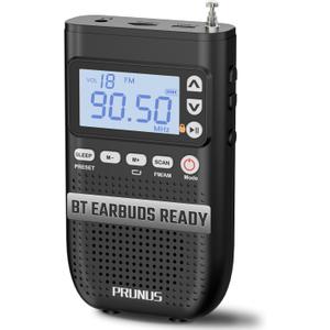 PRUNUS J-618 Portable Radio AM FM with Bluetooth Earphone Output & Bluetooth Speaker Mode, 2000mAh Rechargeable Battery, Micro SD Playback with Shuffle & Sequential Play, Headphone Jack, Sleep Timer