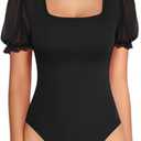 MANGOPOP Square Neck Long Sleeve Short Sleeve Bodysuit for Women Mesh Ruffle Sleeves Going Out Tops (Small)
