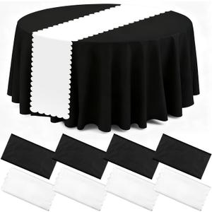 Peryiter 8 Pcs 12x108 Inch Scallop Table Runner and 84 Inch Round Plastic Tablecloths Disposable Black and White Table Cover for Rock Punk Baby Shower Wedding Bridal Shower Party Anniversary Birthday