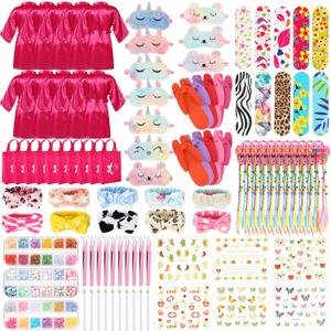 Toulite 10 Set Spa Party Supplies for Girls Kids 10 Satin Robes Spa Kit Sleepover Birthday Slumber Party Favors Nail Salon (Hot Pink)