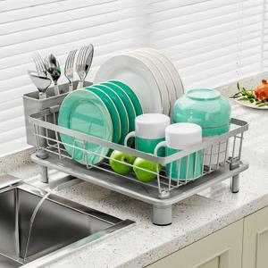 Dish Drying Rack, Space-Saving Dish Rack, Dish Racks for Kitchen Counter, Kitchen Dish Drainers with Removable Utensil Holder,Plate Rack and Drainboard, 11''W x 15''L, Gray