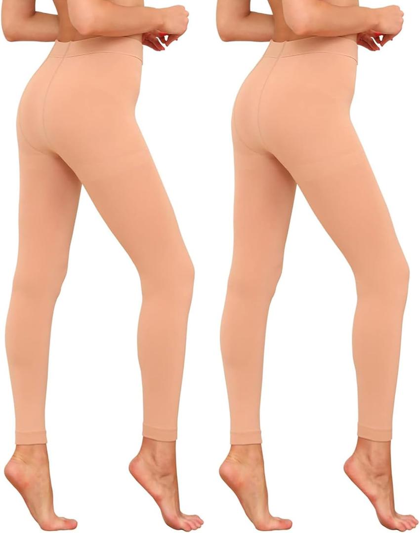 HA WA Fleece Lined Tights for Women, 2 Pairs Opaque Warm Tights with Control Top Pantyhose (Small, Nude)