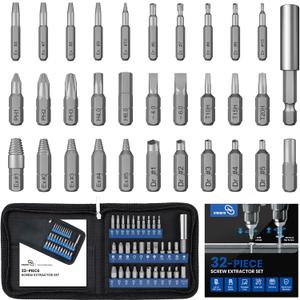 STREBITO Damaged Screw Extractor Set, 32PCS Stripped Screw Extractor with Magnetic Extension Shaft & Socket Adapter, Stripped Screws Nuts & Bolts Drill Bit Tools for Easy Removal of Rusty Broken Screw