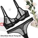 Women's See Through Sheer Mesh Unlined Underwire Everyday Bra and Panties (Black)