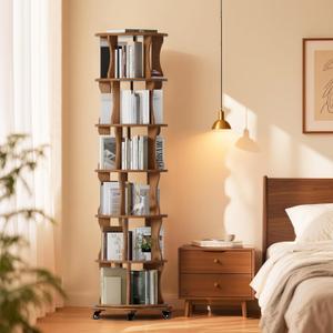 6 Tier Solid Wood Rotating Bookshelf with Wheels, Round Revolving Bookcase Organizer, 360 Spinning Storage Shelf for Corner, Small Narrow Spaces, Home, Office, BedRoom,Living Room,Study Room (Walnut)