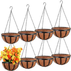 Didaey 8 Pcs Metal Hanging Basket with Coconut Coir Liner Hanging Flower Basket with Chain Indoor Outdoor Plant Flower Pot 10 Inch Round Wire Plant Holder for Garden, Patio, Deck, Porch Garden Decor