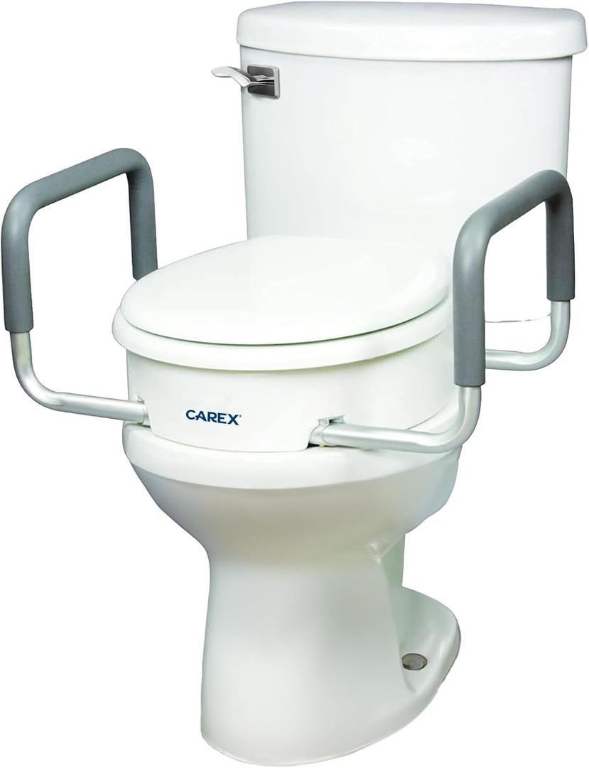 Compass Raised Toilet Seat with Arms, Elongated Toilets, 3.5 Inch High, Elevated Toilet Riser with Removable Padded Handles, Easy On and Off, Support 250 lbs, White