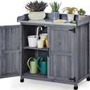 Yaheetech Garden Potting Bench Table, Outdoor Garden Horticultural Wooden Storage Cabinet & Solid Wood Planting Work Bench with Large Space Storage & Metal-Plated Tabletop, Gray