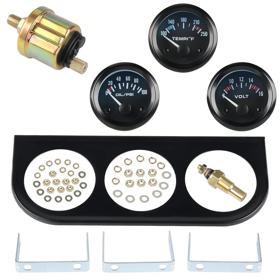 WATERWICH 3-in-1 Car Marine Meter Auto Gauge Kit: Voltmeter + Water Temperature + Oil Pressure Gauge, 2" (52mm), Universal for Car, SUV, Truck, Motorcycle, Tractor & Marine Engines (Black)