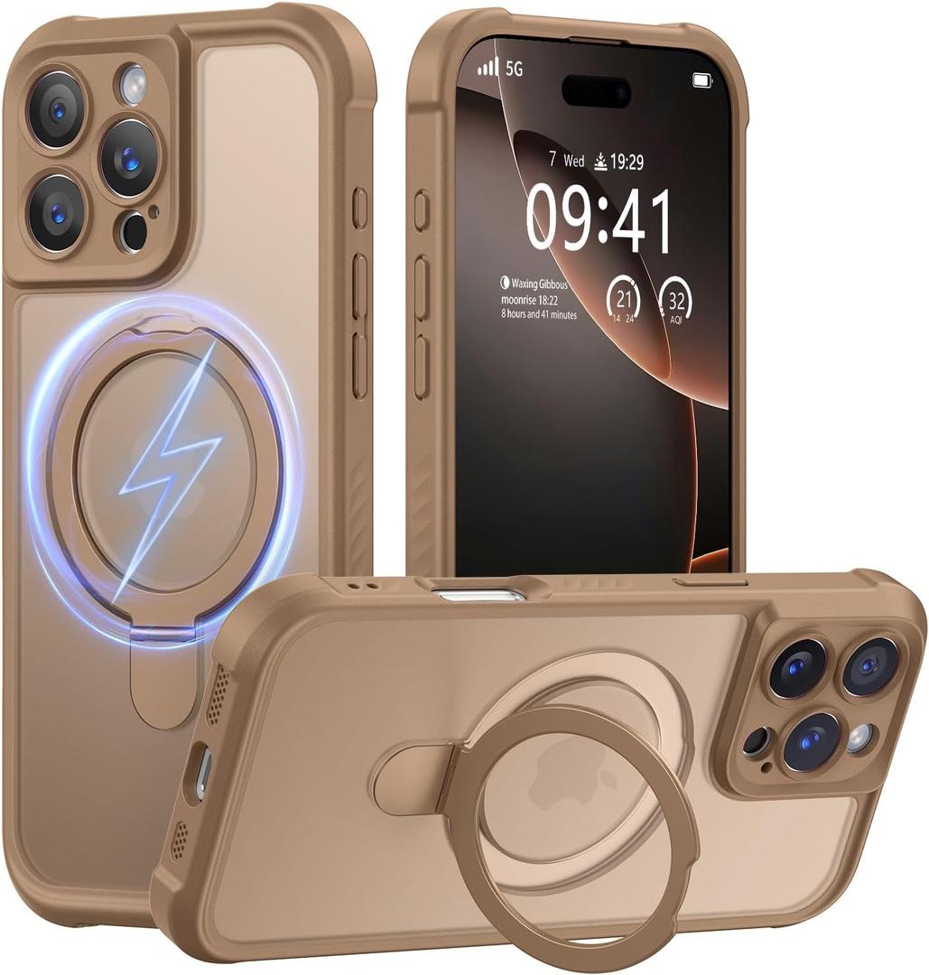 MOCCA Design for iPhone 16 Pro Max Case with Magnetic Invisible Stand [Full Camera Protection] [Compatible with Magsafe] Military Drop Shockproof Translucent Matte Phone Case Cover 6.9",Brown
